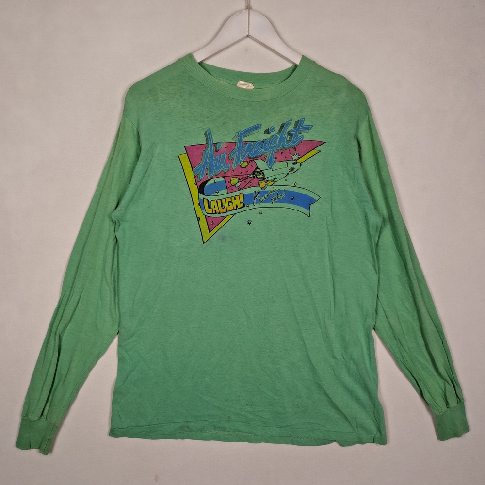 Vintage 80s Air Freight Laugh For Heavens Sake Long Sleeve Green T-Shirt Large